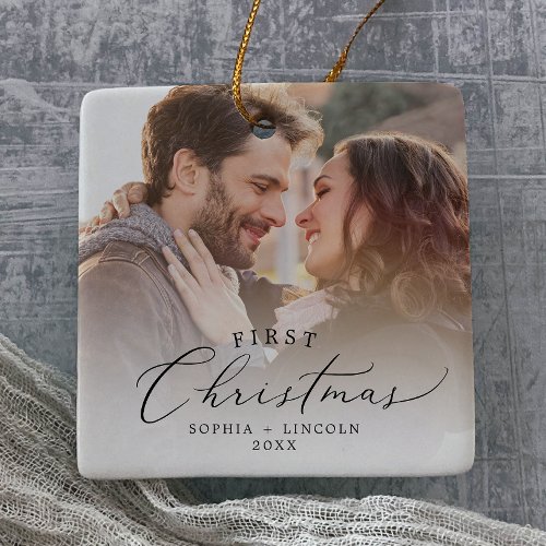 Delicate First Christmas Couples Keepsake Photo Ceramic Ornament