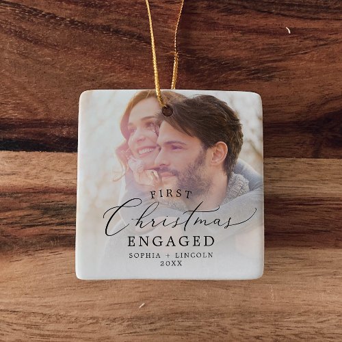 Delicate First Christmas Engaged Photo Ceramic Ornament