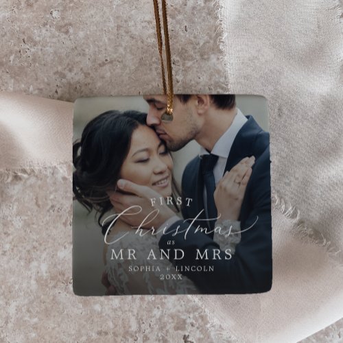 Delicate First Christmas Mr and Mrs Dark Photo Ceramic Ornament