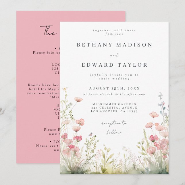 Delicate Floral All In One Wedding Invitation (Front/Back)