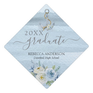 Delicate Floral Anchors Watercolor Wash Blue Graduation Cap Topper