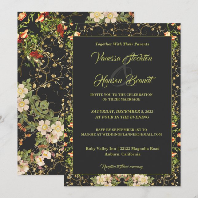Delicate Floral and Gold Wedding Invitation (Front/Back)