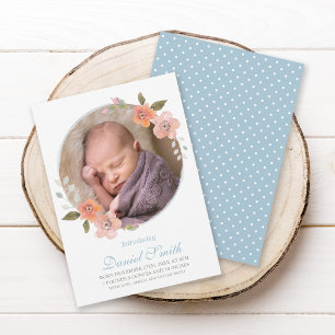 Delicate Floral Blue Baby Announcement Photo