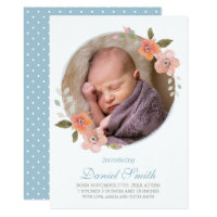 Delicate Floral Blue Baby Announcement Photo