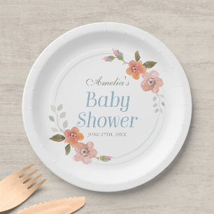 Delicate Floral Blue Baby Shower Paper Plates