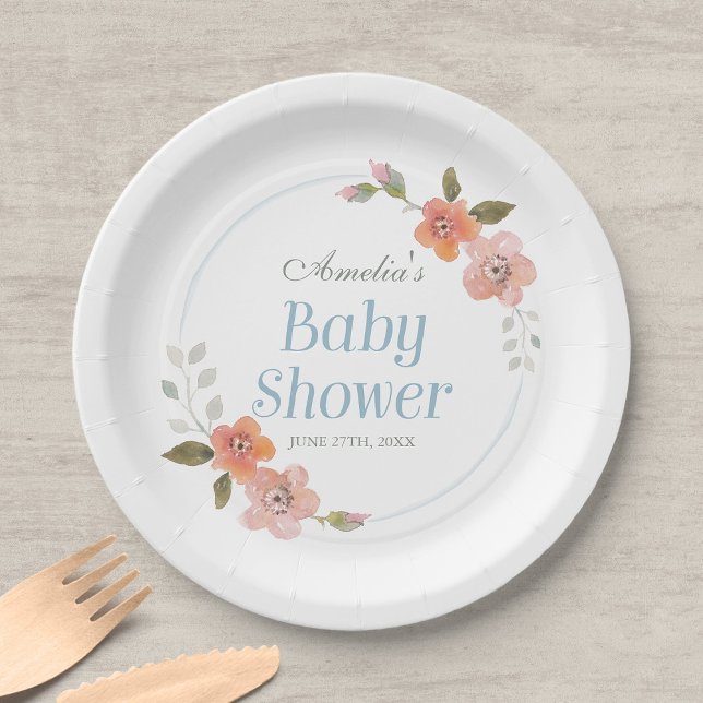 Delicate Floral Blue Baby Shower Paper Plates (Creator Uploaded)