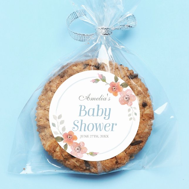 Delicate Floral Blue Baby Shower Round Sticker (Creator Uploaded)