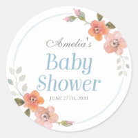 Delicate Floral Blue Baby Shower Round Sticker