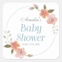 Delicate Floral Blue Baby Shower Square Sticker