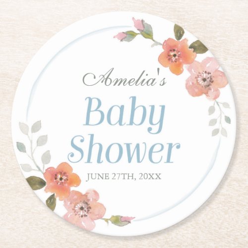 Delicate Floral Blue Boy Baby Shower Round Paper Coaster