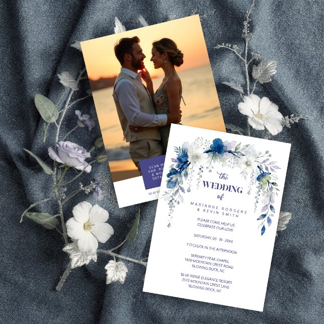 Delicate Floral Botanical Arch Blue Shades Wedding Invitation (Delicate Floral & Botanical Arch Blue Shades Wedding Invitation Cards with Back Photo and QR Code.)