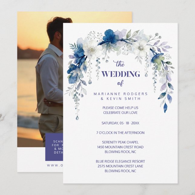 Delicate Floral Botanical Arch Blue Shades Wedding Invitation (Front/Back)