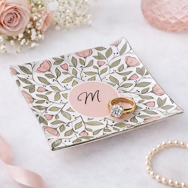 Delicate Floral Custom Monogram Trinket Tray (Creator Uploaded)