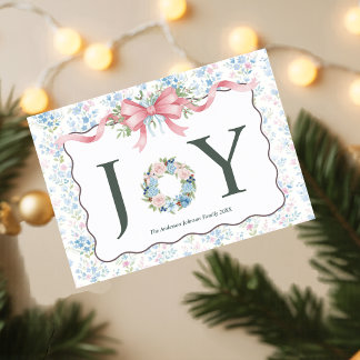 Delicate Floral Deer Antlers Joy Christmas Holiday Card