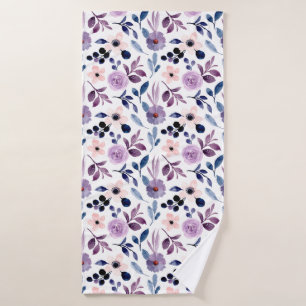 Delicate Floral Design with Navy Lavender Leaves Bath Towel Set