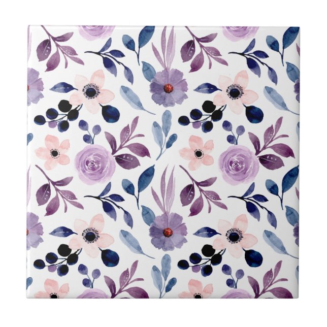  Delicate Floral Design with Navy Lavender Leaves Ceramic Tile (Front)