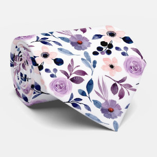 Delicate Floral Design with Navy Lavender Leaves Neck Tie
