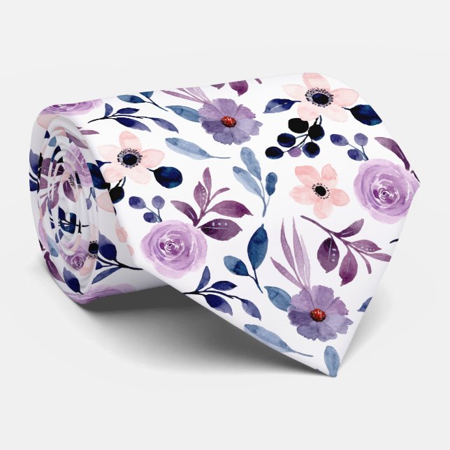  Delicate Floral Design with Navy Lavender Leaves Neck Tie (Rolled)