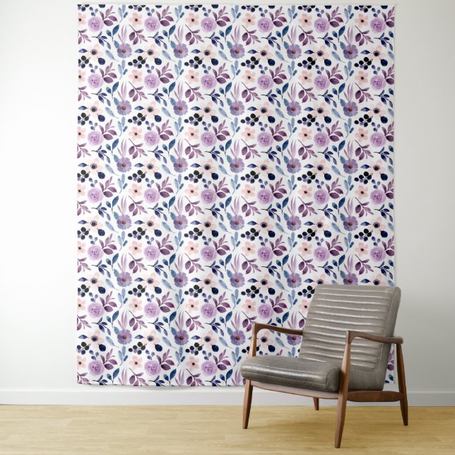  Delicate Floral Design with Navy Lavender Leaves Tapestry (In Situ)