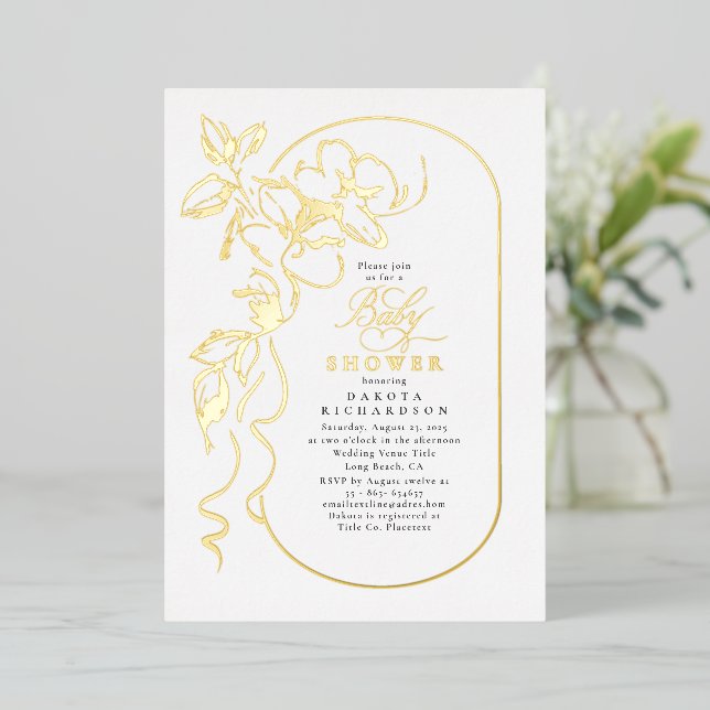 Delicate Floral Elegant White Baby Shower Gold Foil Invitation (Standing Front)