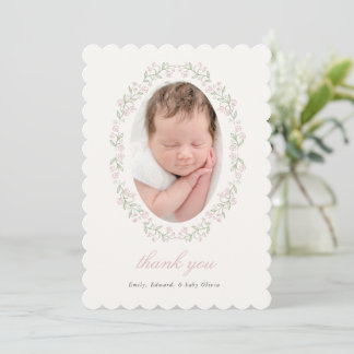 Delicate Floral Frame Baby Shower Photo Thank You Card