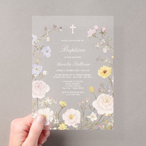 Delicate Floral Frame Baptism Acrylic Invitation