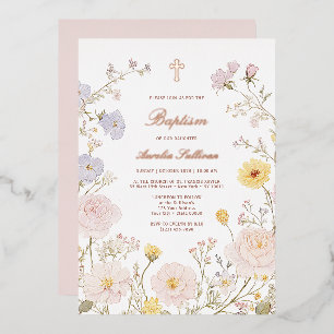Delicate Floral Frame Baptism Foil Invitation