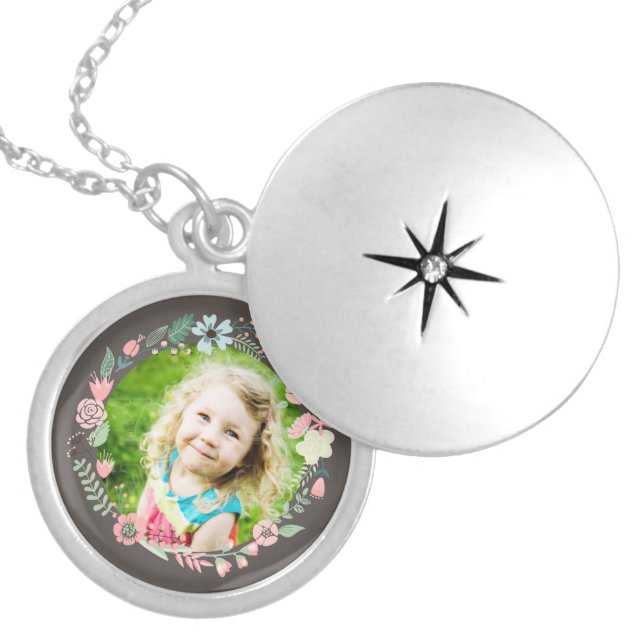 Delicate Floral Frame Custom Photo Locket Necklace (Front)