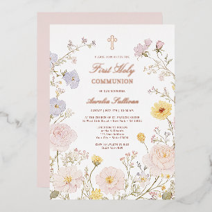 Delicate Floral Frame First Holy Communion Foil Invitation