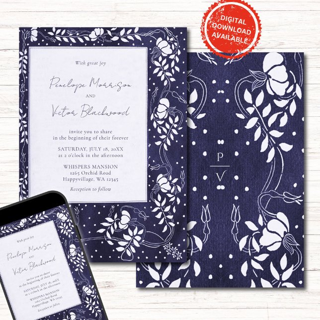 Delicate Floral Frame on Blue Wedding Invitation (Creator Uploaded)