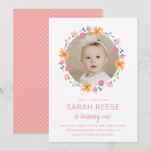 Delicate Floral Frame Photo Kids Birthday Invitation