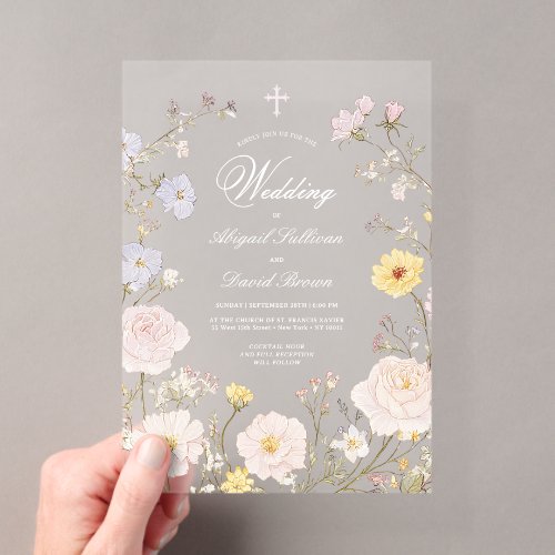 Delicate Floral Frame Religious Wedding Acrylic Invitations