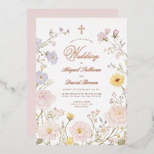Delicate Floral Frame Religious Wedding Foil Invitation