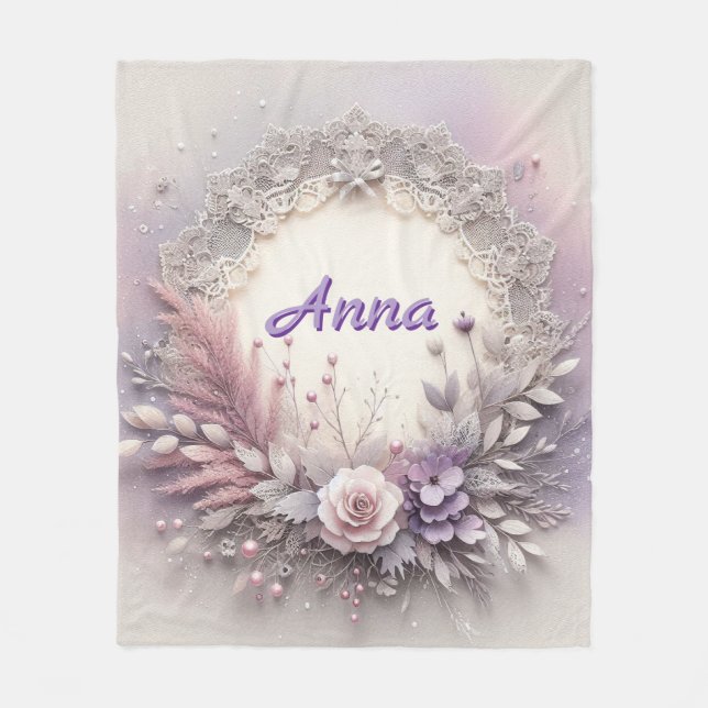 Delicate Floral Frame With Lace Details Fleece Blanket (Front)