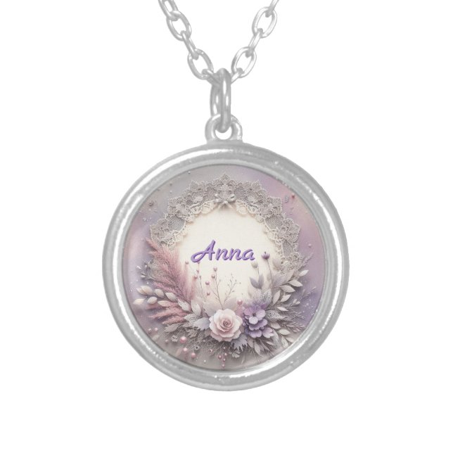 Delicate Floral Frame With Lace Details Silver Plated Necklace (Front)