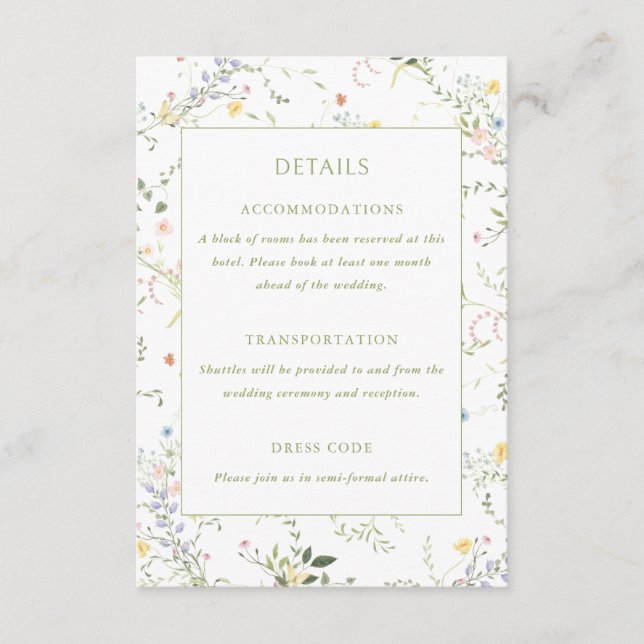 Delicate Floral Garden Wedding Details Enclosure Card (Front)