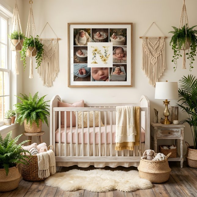 Delicate Floral Initial N 8-Photos Collage Newborn Poster (Delicate Floral Initial N Monogram 8-Photos Collage Newborn Session Poster Design. )