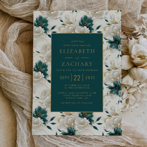 Delicate Floral Ivory Teal Gold Wedding Invitation