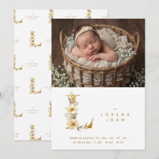 Delicate Floral L Initial Gold Glitter Newborn Announcement