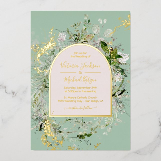 Delicate Floral Meadow Arch Wedding Foil Invitation (Front)