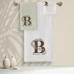 Delicate Floral Monogram Sage Pink ID1332 Bath Towel Set