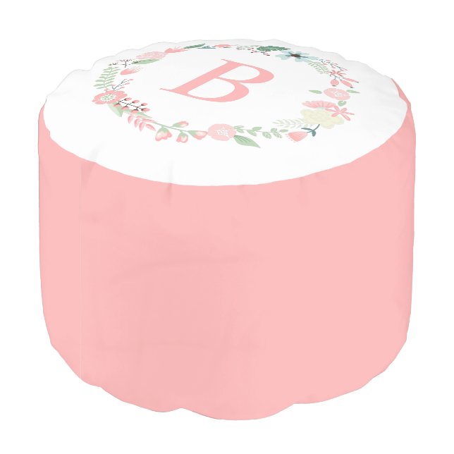 Delicate Floral Monogrammed Wreath Pouf (Angled Back)