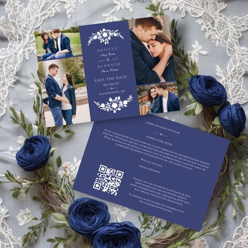 Delicate Floral Navy Blue 4 Photos Collage Save The Date