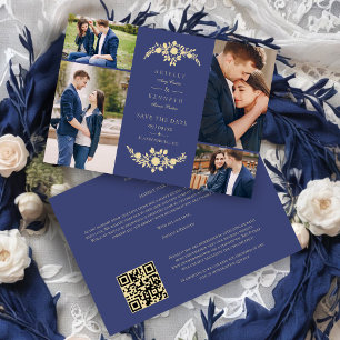 Delicate Floral Navy Blue & Gold 4 Photos Collage Save The Date