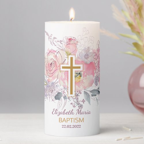 Delicate Floral Neutral Baptism Pillar Candle