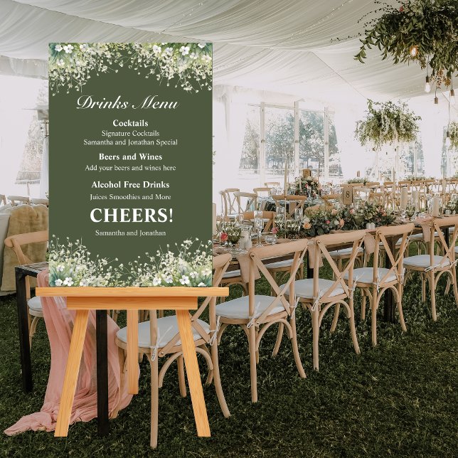 Delicate Floral on Olive Green Drinks Menu Sign (Creator Uploaded)