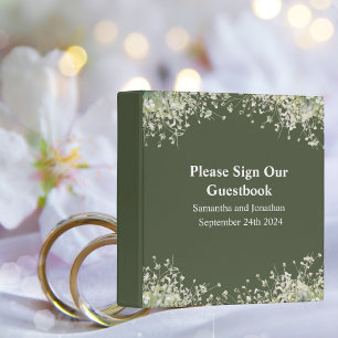 Delicate Floral on Olive Green Wedding Guest Book 3 Ring Binder