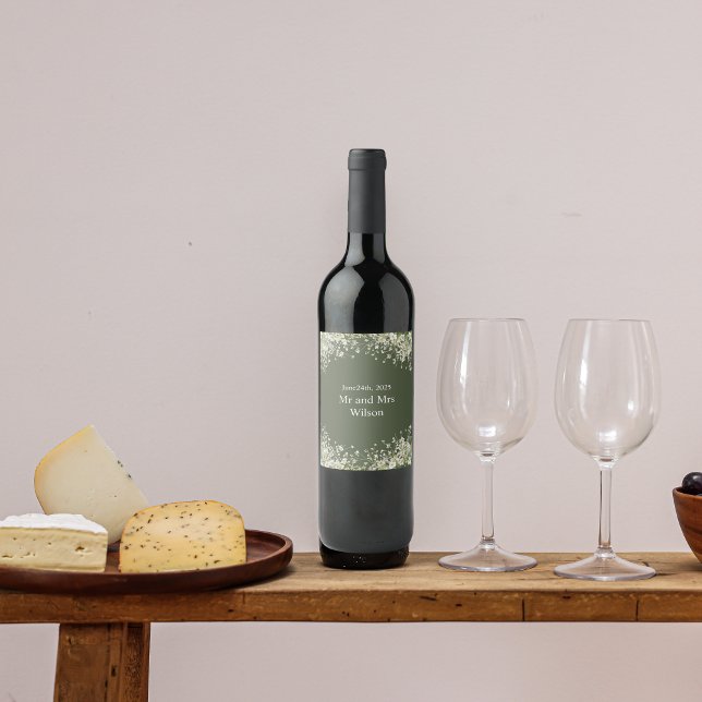 Delicate Floral on Olive Green Wedding Wine Label (Creator Uploaded)