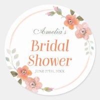 Delicate Floral Orange Bridal Shower Round Sticker