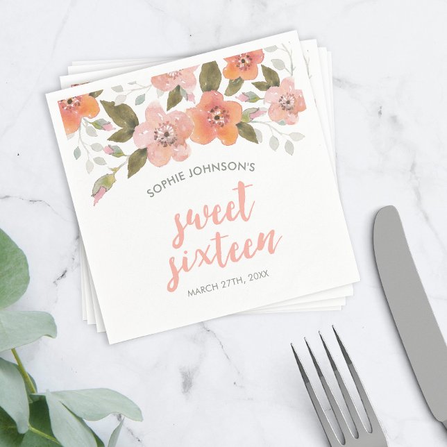 Delicate Floral Peach Sweet Sixteen Paper Napkins (Creator Uploaded)